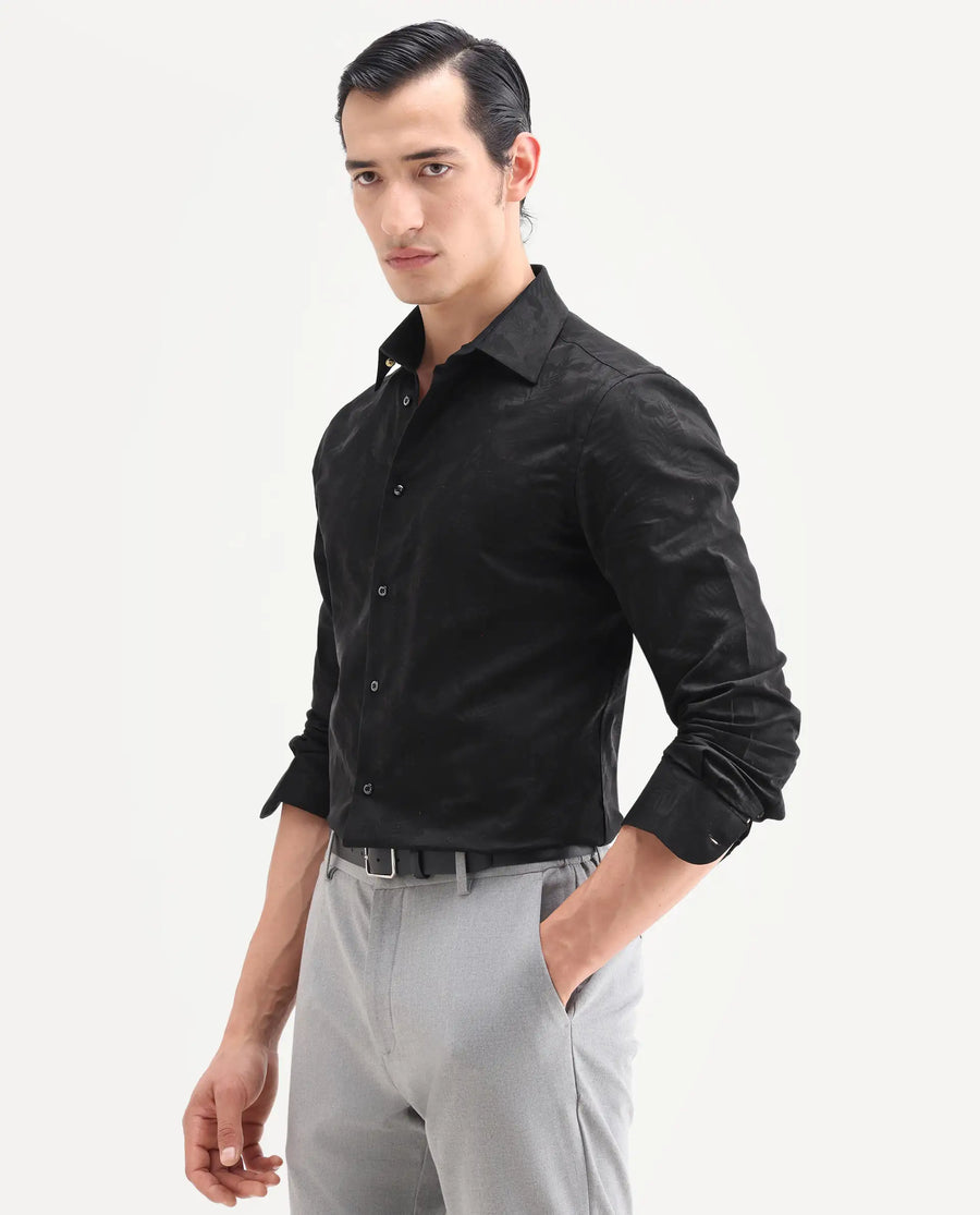 Rare Rabbit Men's Blen Black Cotton Fabric Full Sleeve Spread Collar Button Regular Jacquard Shirt