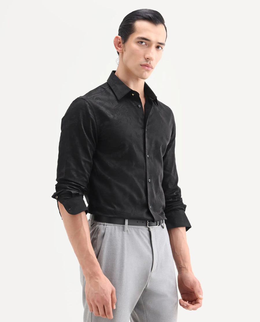 Rare Rabbit Men's Blen Black Cotton Fabric Full Sleeve Spread Collar Button Regular Jacquard Shirt
