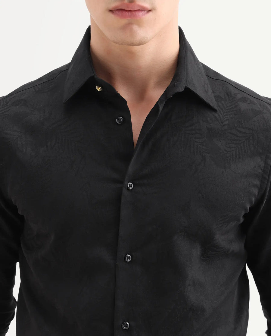 Rare Rabbit Men's Blen Black Cotton Fabric Full Sleeve Spread Collar Button Regular Jacquard Shirt