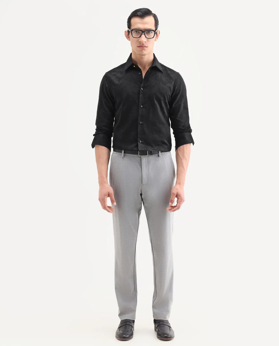 Rare Rabbit Men's Blen Black Cotton Fabric Full Sleeve Spread Collar Button Regular Jacquard Shirt