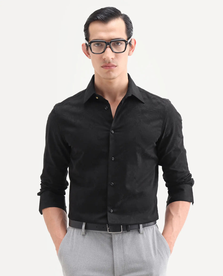 Rare Rabbit Men's Blen Black Cotton Fabric Full Sleeve Spread Collar Button Regular Jacquard Shirt