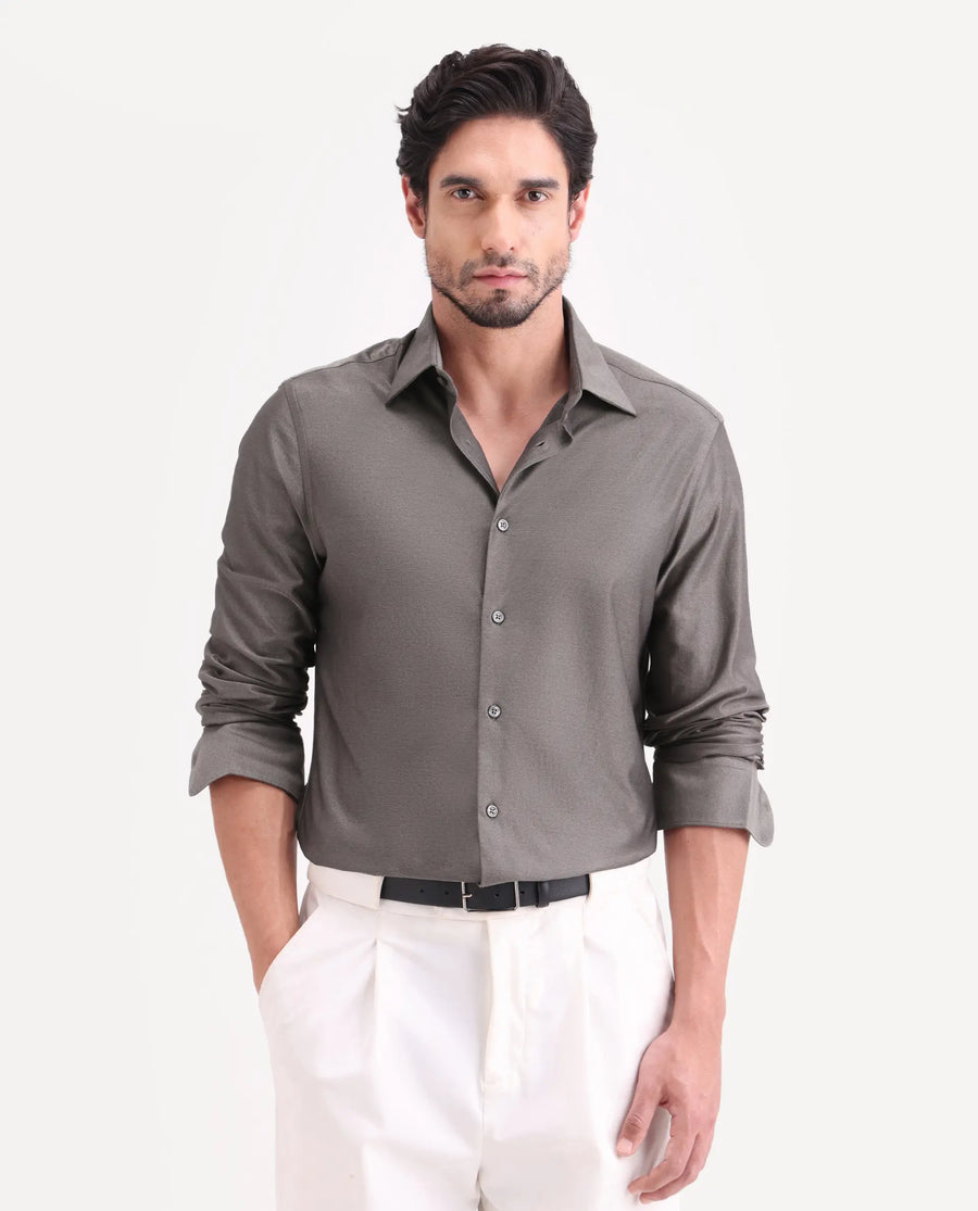 Rare Rabbit Men's Bogi Dusky Brown Cotton Blend Full Sleeve Spread Collar Regular Fit Plain Shirt