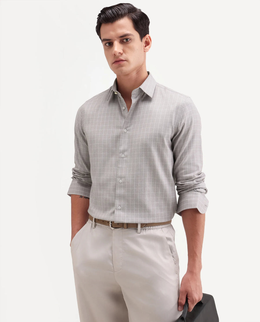 Rare Rabbit Men's Caler Light Grey Cotton Full Sleeve Spread Collar Regular Fit Checked Shirt