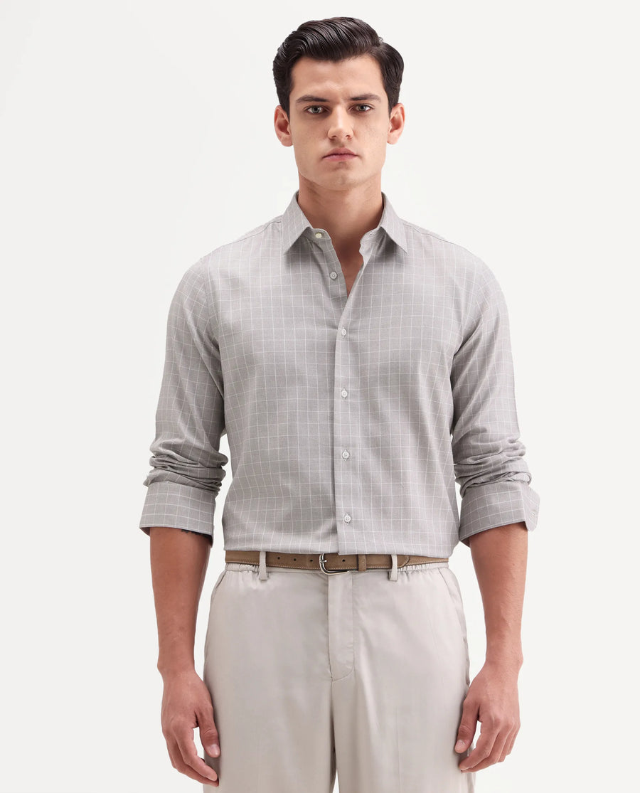 Rare Rabbit Men's Caler Light Grey Cotton Full Sleeve Spread Collar Regular Fit Checked Shirt