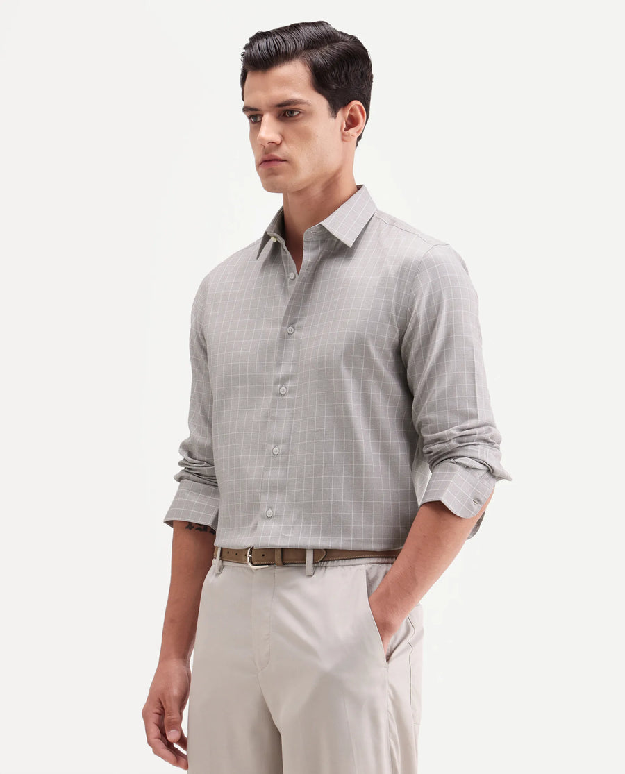 Rare Rabbit Men's Caler Light Grey Cotton Full Sleeve Spread Collar Regular Fit Checked Shirt