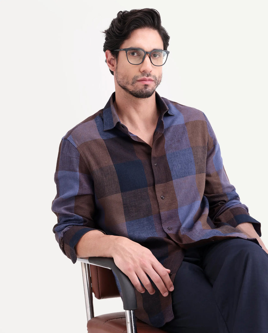 Rare Rabbit Men's Calum-S26 Pastel Multi Linen Blend Full Sleeve Spread Collar Regular Fit Checked Shirt