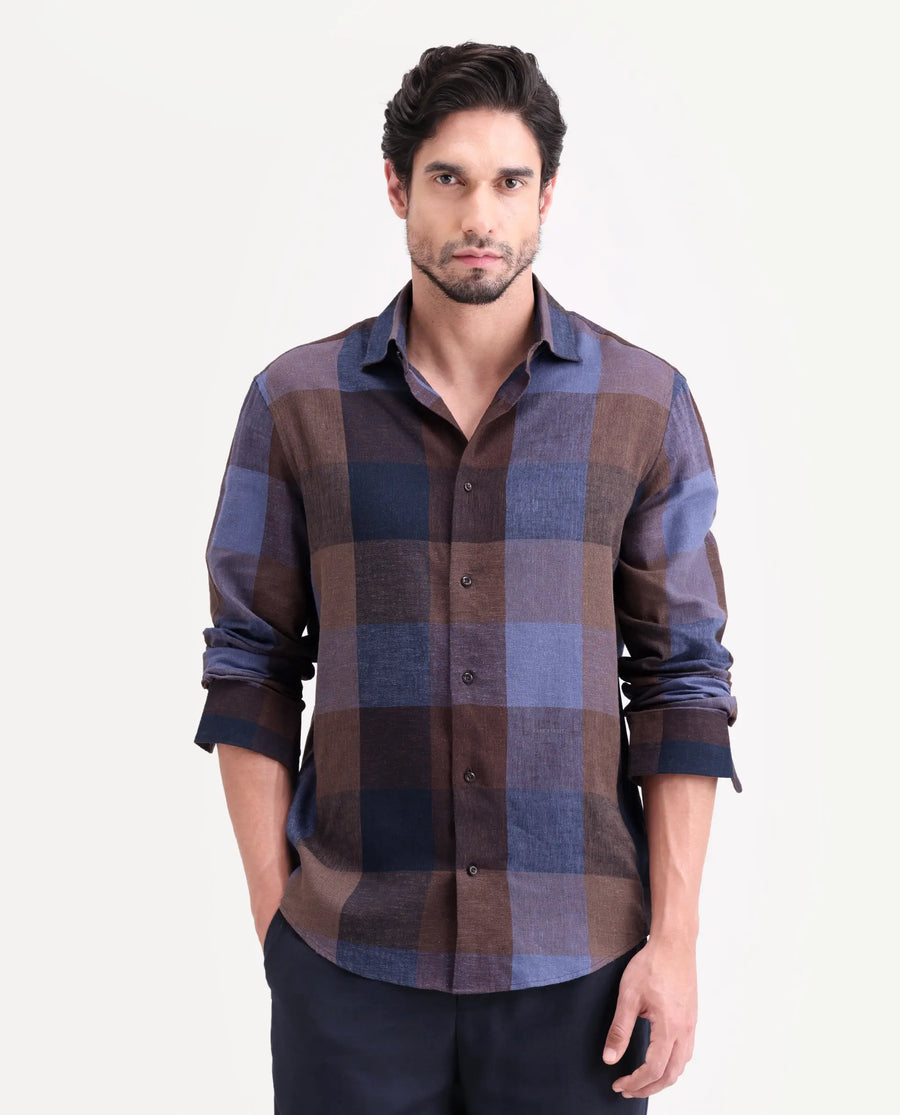 Rare Rabbit Men's Calum-S26 Pastel Multi Linen Blend Full Sleeve Spread Collar Regular Fit Checked Shirt