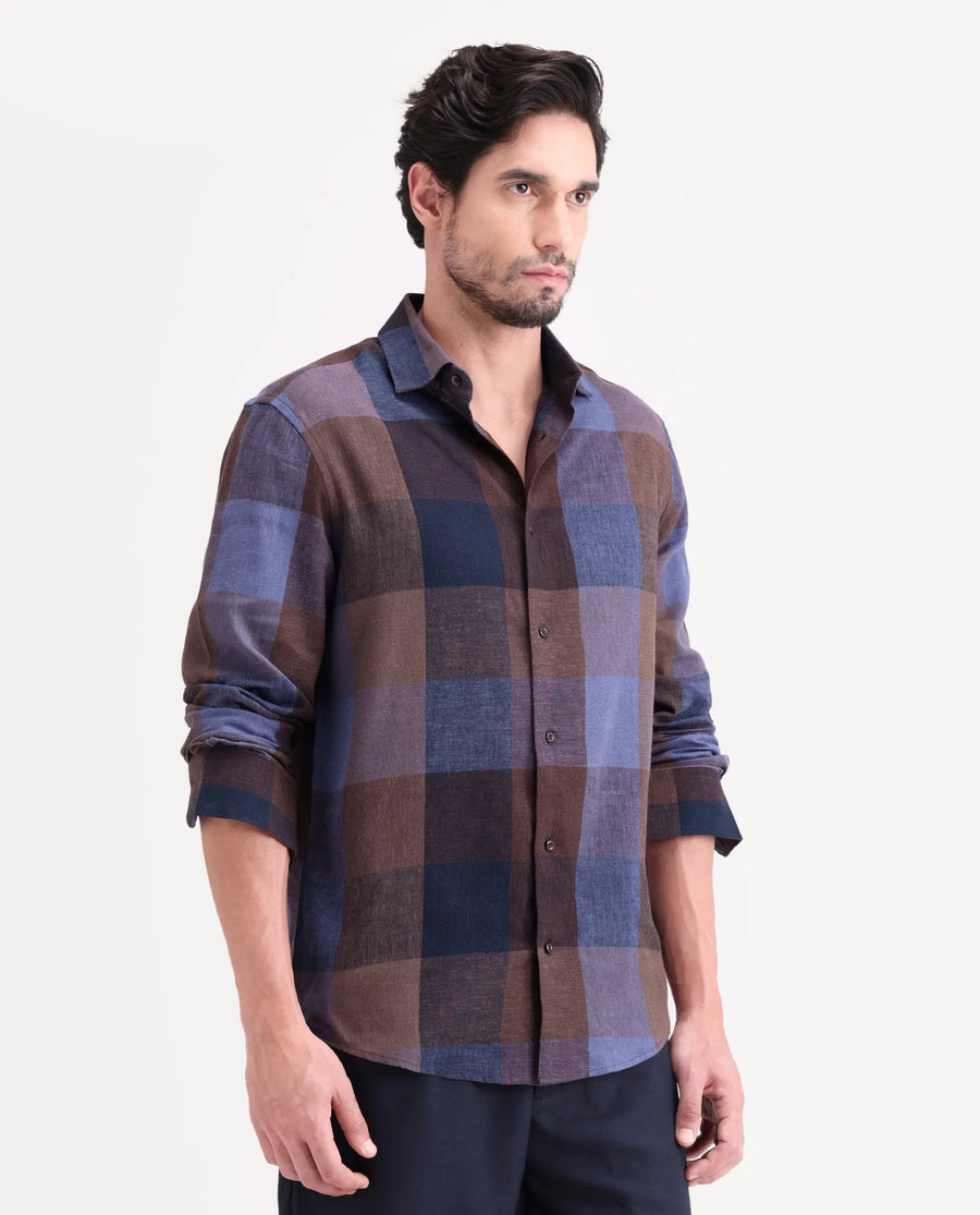 Rare Rabbit Men's Calum-S26 Pastel Multi Linen Blend Full Sleeve Spread Collar Regular Fit Checked Shirt