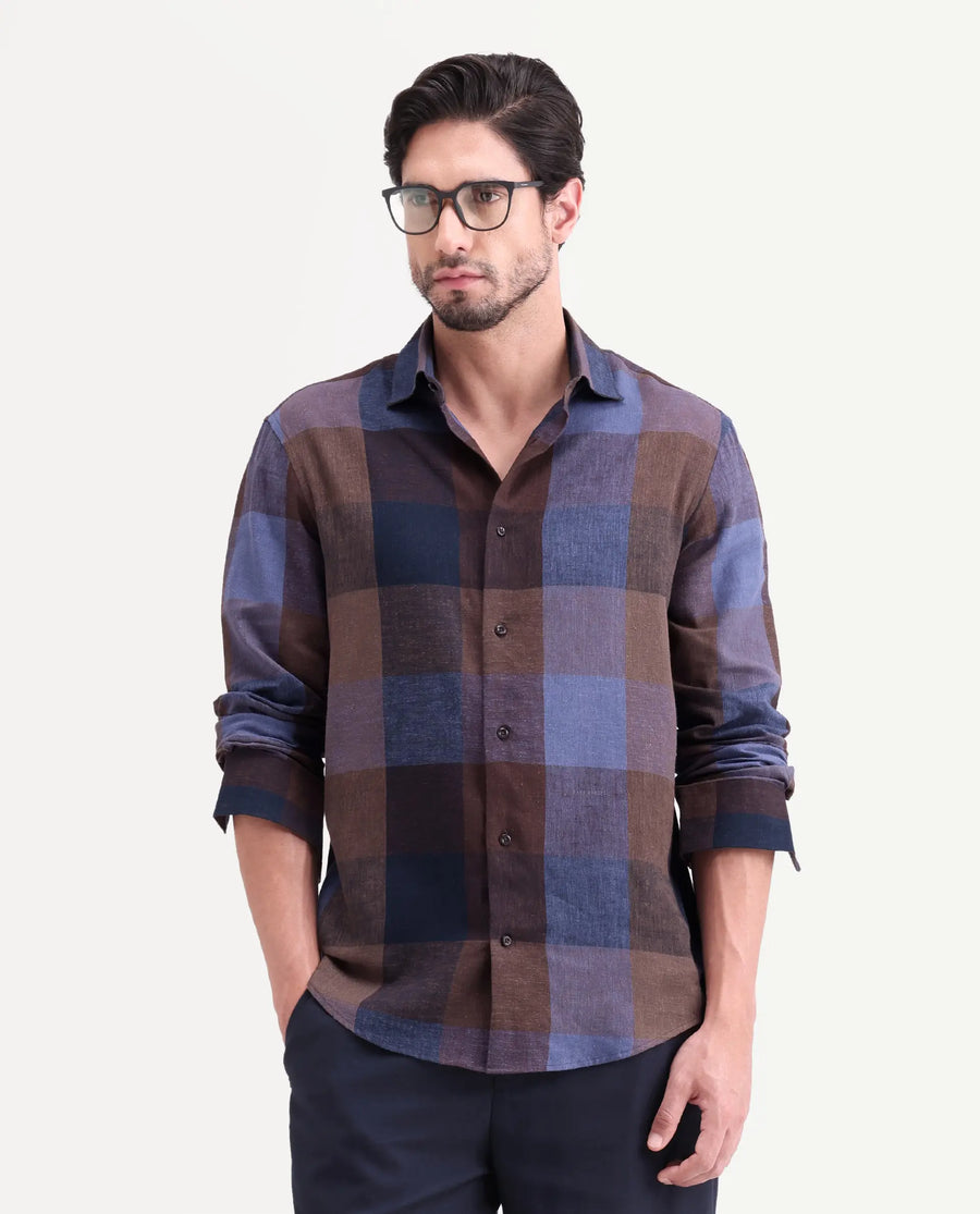 Rare Rabbit Men's Calum-S26 Pastel Multi Linen Blend Full Sleeve Spread Collar Regular Fit Checked Shirt