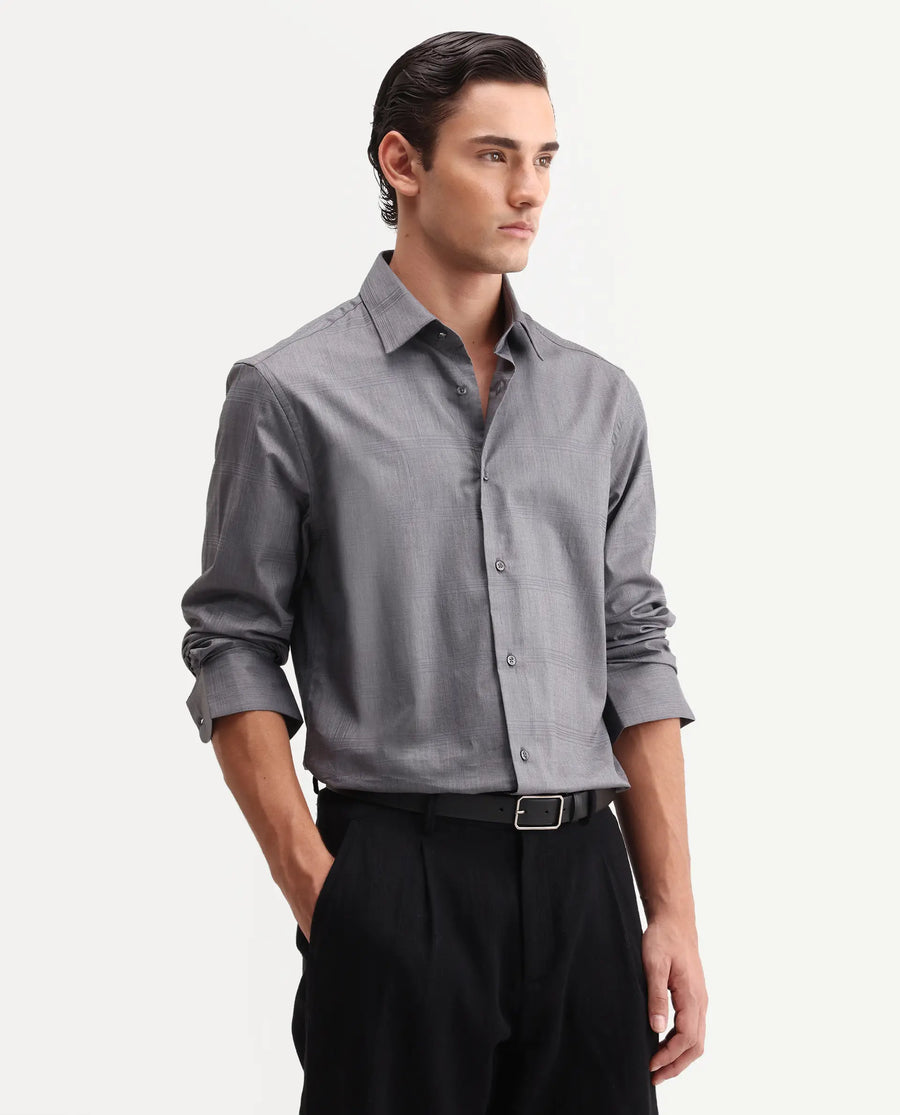 Rare Rabbit Men's Canda Grey Cotton Fabric Full Sleeve Spread Collar Button Regular Plain Shirt