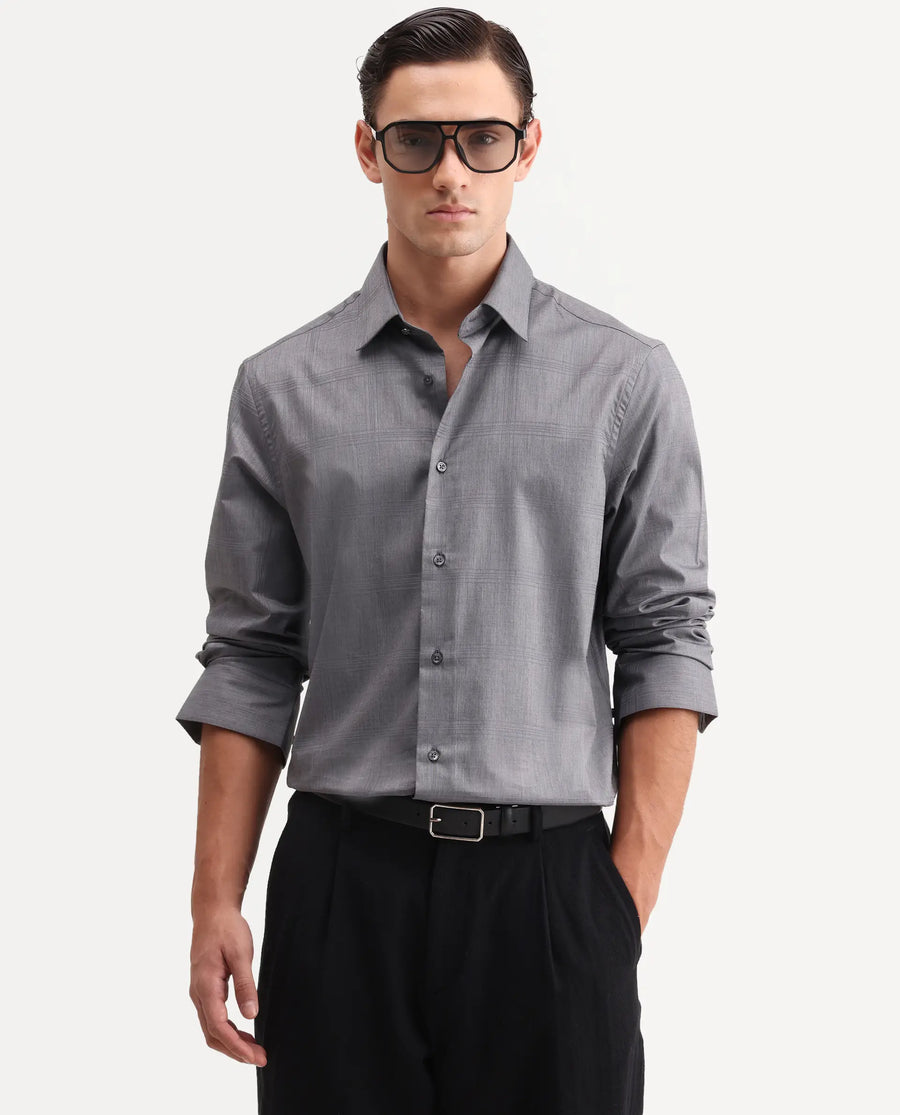 Rare Rabbit Men's Canda Grey Cotton Fabric Full Sleeve Spread Collar Button Regular Plain Shirt
