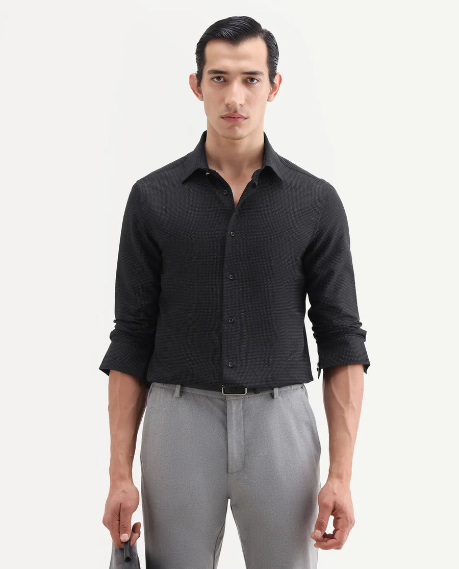 Rare Rabbit Men's Clor-26 Black Cotton Fabric Full Sleeve Spread Collar Button Regular Plain Shirt
