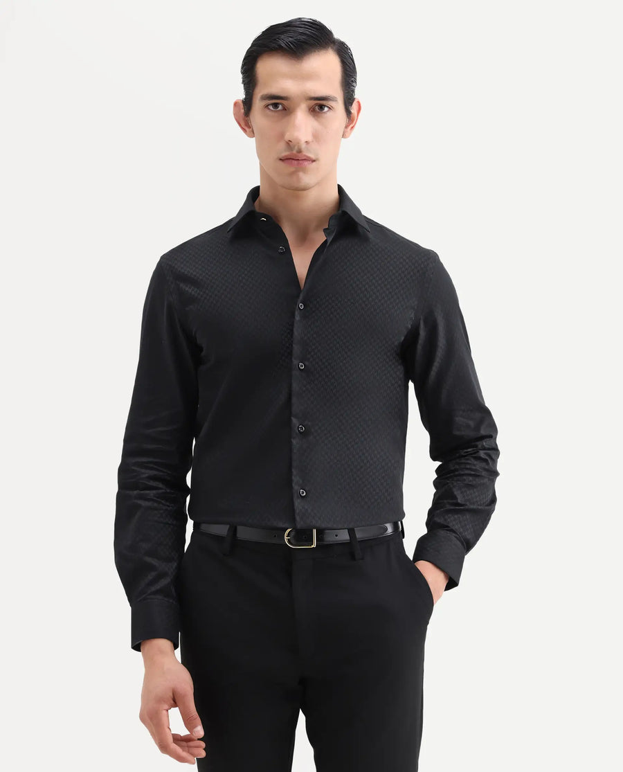 Rare Rabbit Men's Dunde Black Cotton Full Sleeve Spread Collar Regular Fit Jacquard Shirt