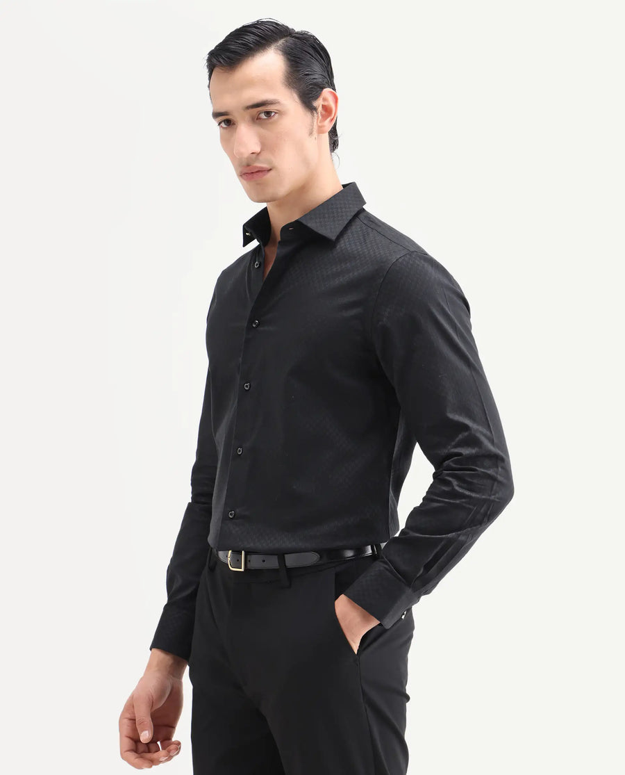 Rare Rabbit Men's Dunde Black Cotton Full Sleeve Spread Collar Regular Fit Jacquard Shirt