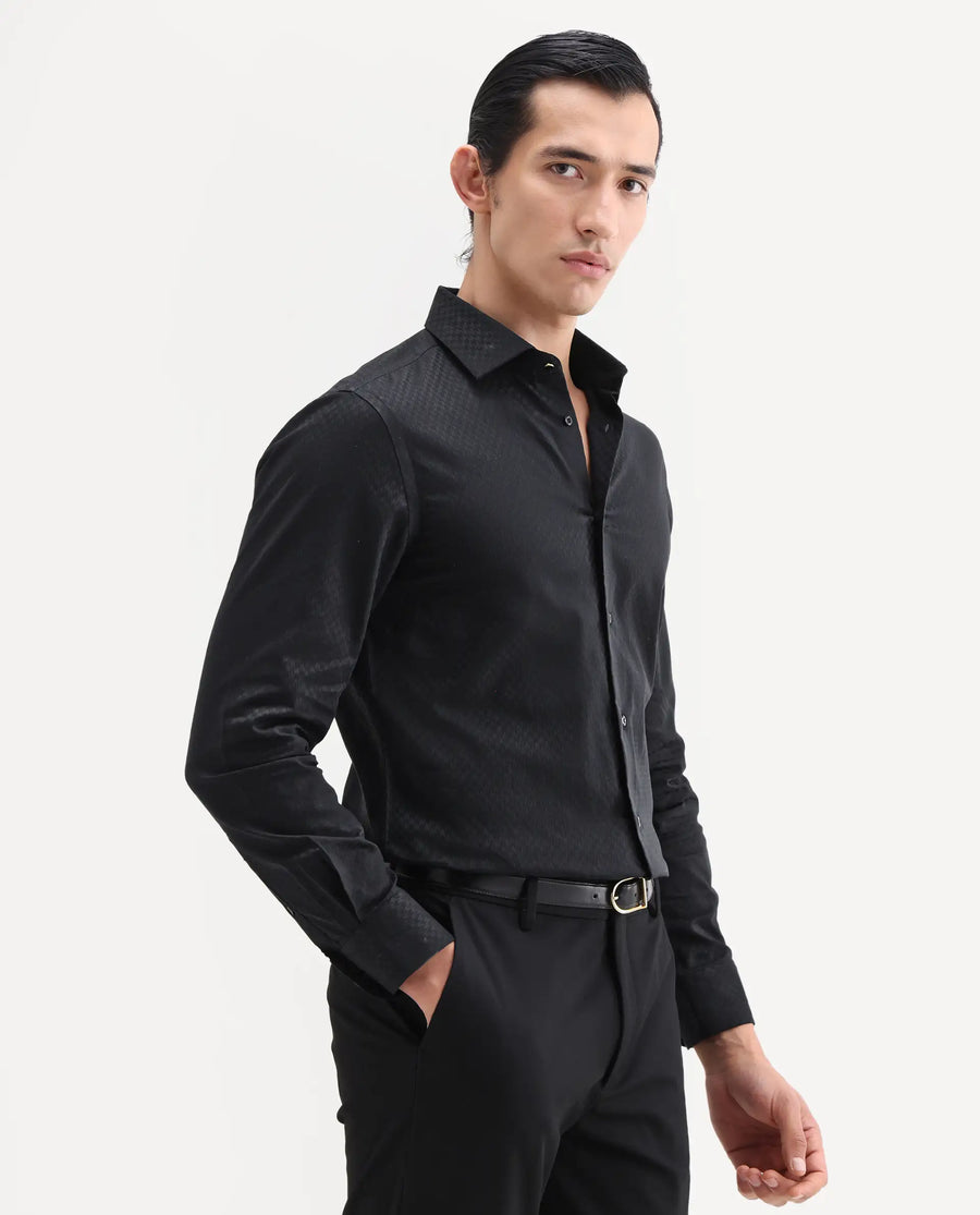 Rare Rabbit Men's Dunde Black Cotton Full Sleeve Spread Collar Regular Fit Jacquard Shirt
