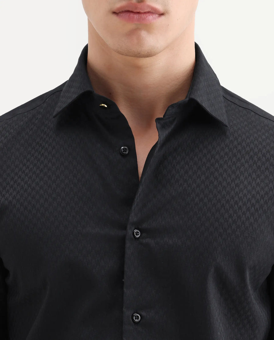 Rare Rabbit Men's Dunde Black Cotton Full Sleeve Spread Collar Regular Fit Jacquard Shirt