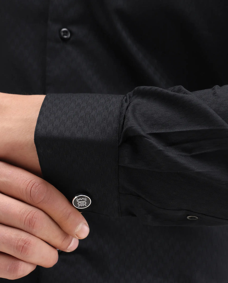 Rare Rabbit Men's Dunde Black Cotton Full Sleeve Spread Collar Regular Fit Jacquard Shirt