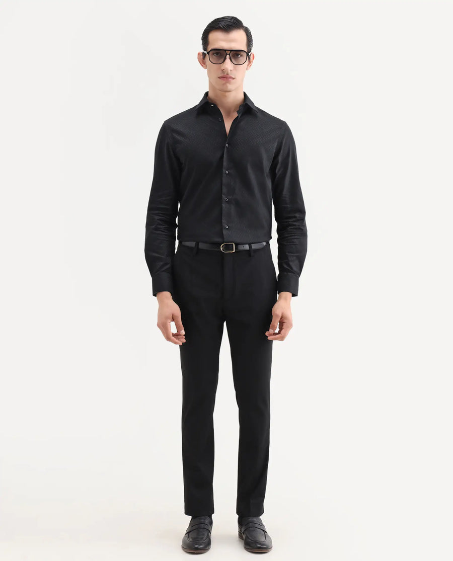 Rare Rabbit Men's Dunde Black Cotton Full Sleeve Spread Collar Regular Fit Jacquard Shirt
