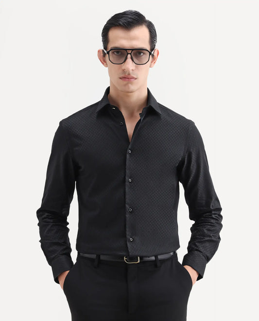 Rare Rabbit Men's Dunde Black Cotton Full Sleeve Spread Collar Regular Fit Jacquard Shirt