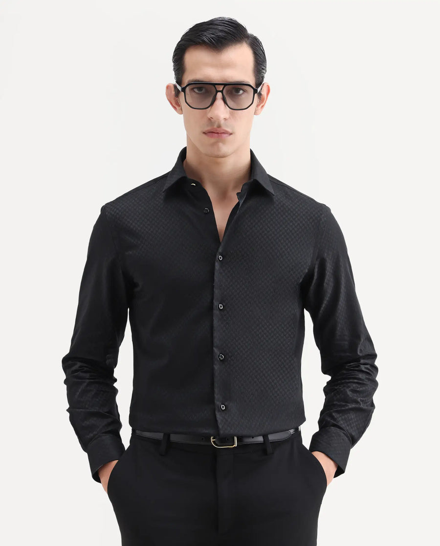 Rare Rabbit Men's Dunde Black Cotton Full Sleeve Spread Collar Regular Fit Jacquard Shirt