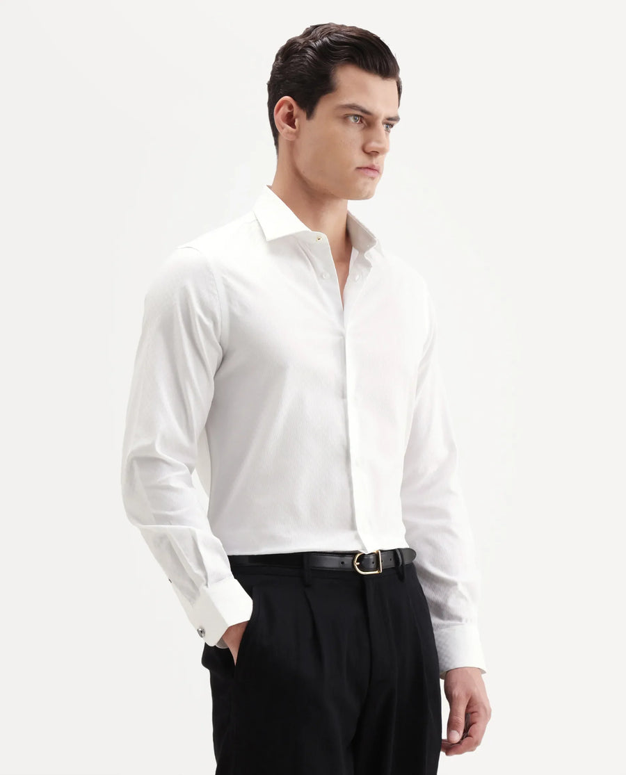 Rare Rabbit Men's Dunde White Cotton Full Sleeve Spread Collar Regular Fit Plain Shirt