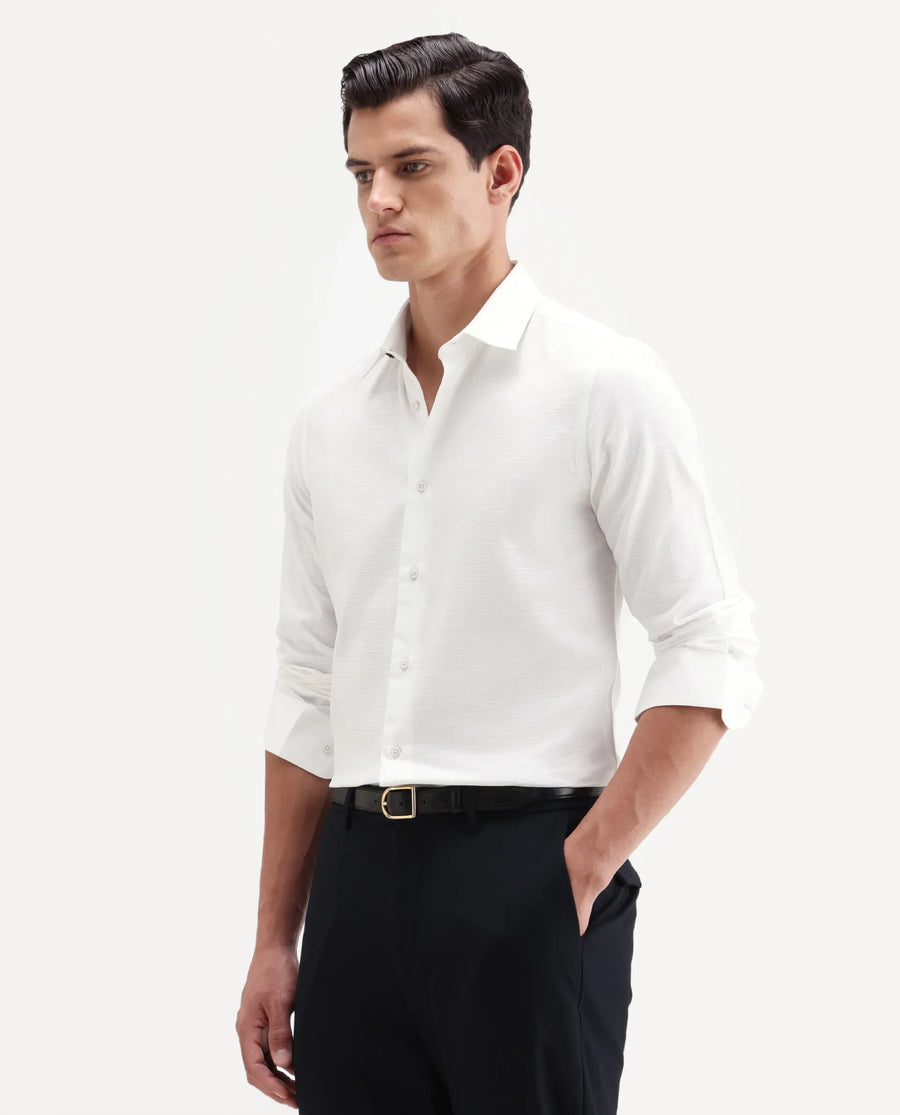 Rare Rabbit Men's Filo White Cotton Full Sleeve Spread Collar Regular Fit Plain Shirt