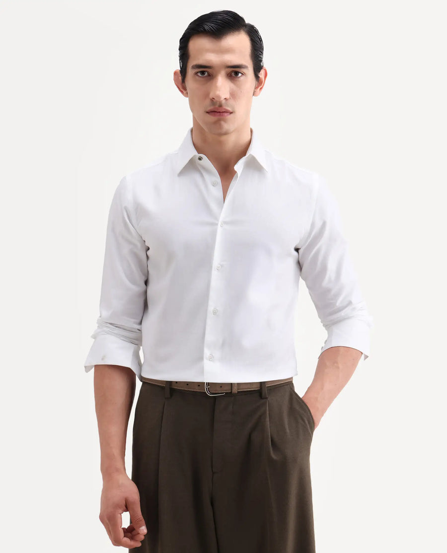 Rare Rabbit Men's Giro White Cotton Full Sleeve Spread Collar Regular Fit Plain Shirt