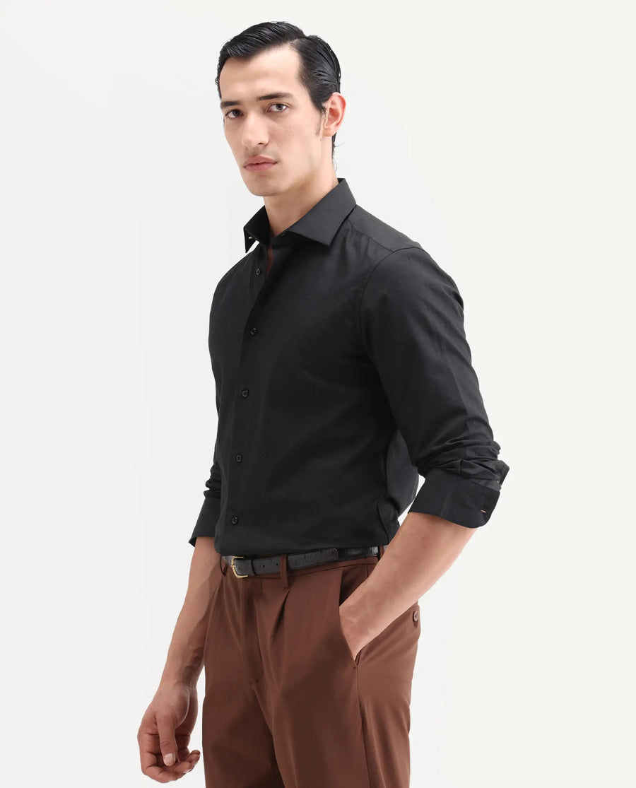 Rare Rabbit Men's Glent Black Cotton Full Sleeve Spread Collar Regular Fit Jacquard Shirt
