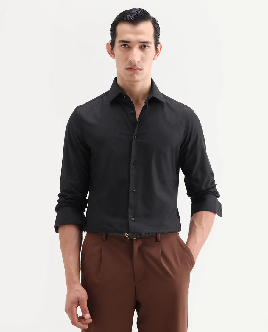 Rare Rabbit Men's Glent Black Cotton Full Sleeve Spread Collar Regular Fit Jacquard Shirt