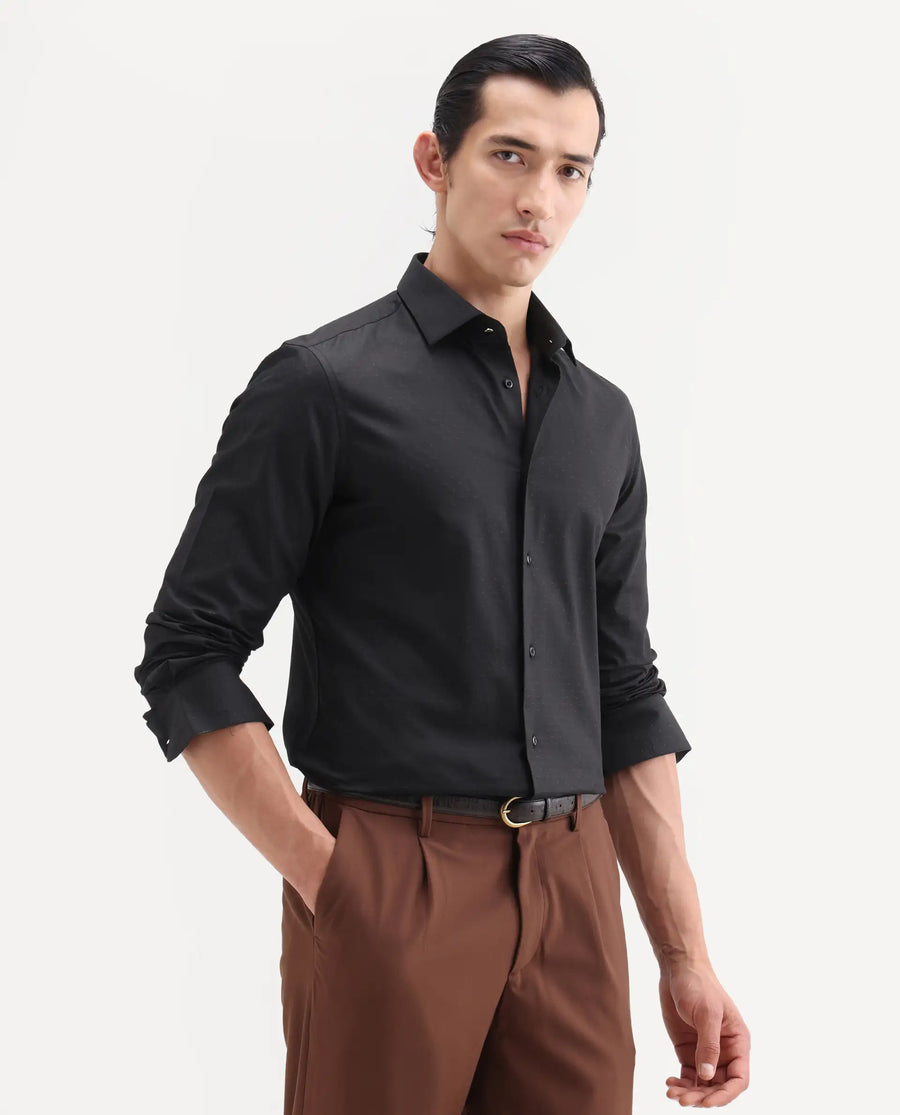 Rare Rabbit Men's Glent Black Cotton Full Sleeve Spread Collar Regular Fit Jacquard Shirt