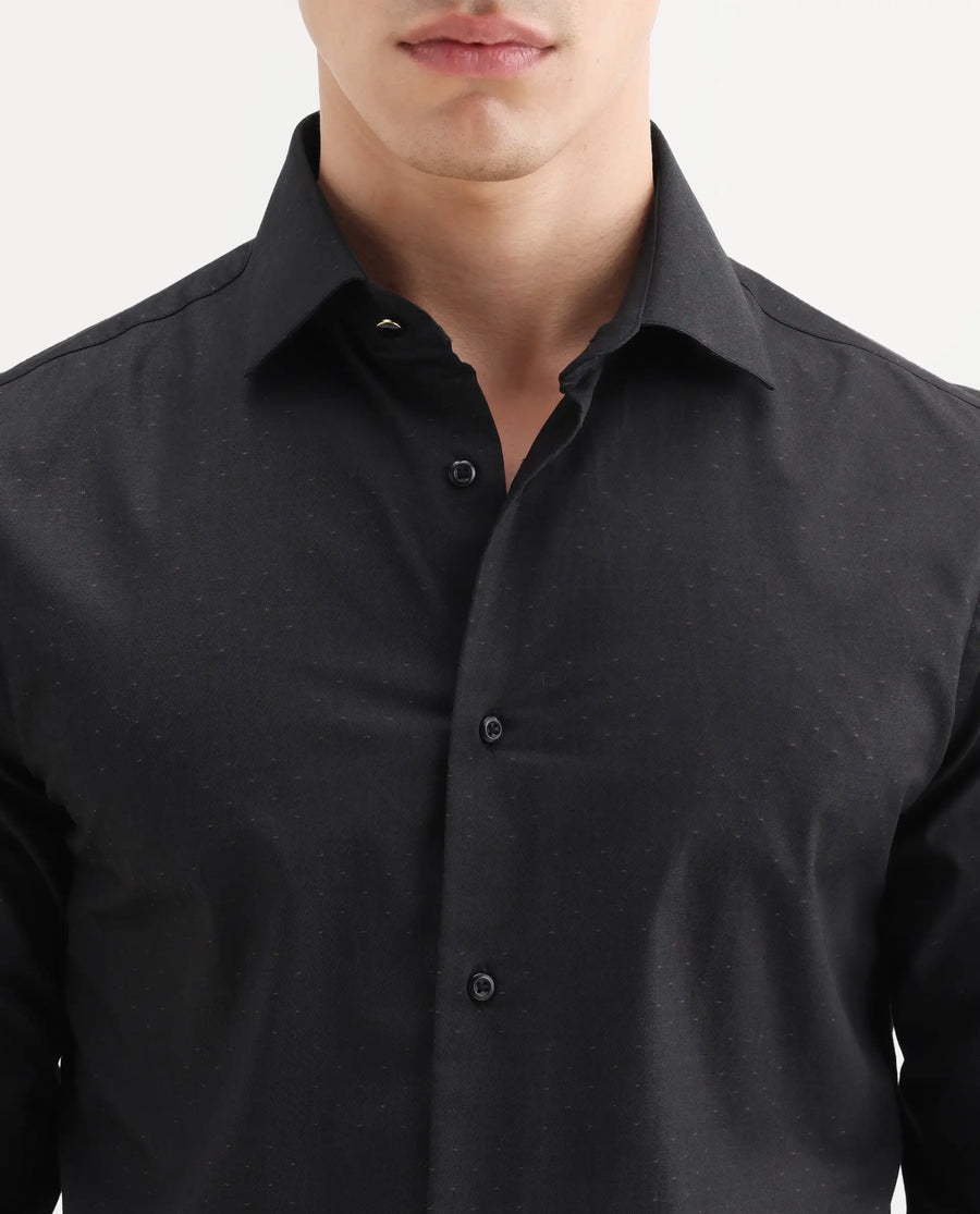 Rare Rabbit Men's Glent Black Cotton Full Sleeve Spread Collar Regular Fit Jacquard Shirt