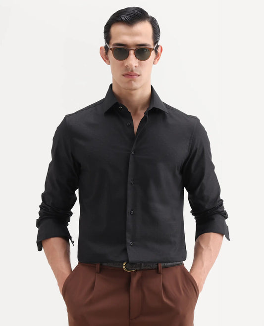 Rare Rabbit Men's Glent Black Cotton Full Sleeve Spread Collar Regular Fit Jacquard Shirt