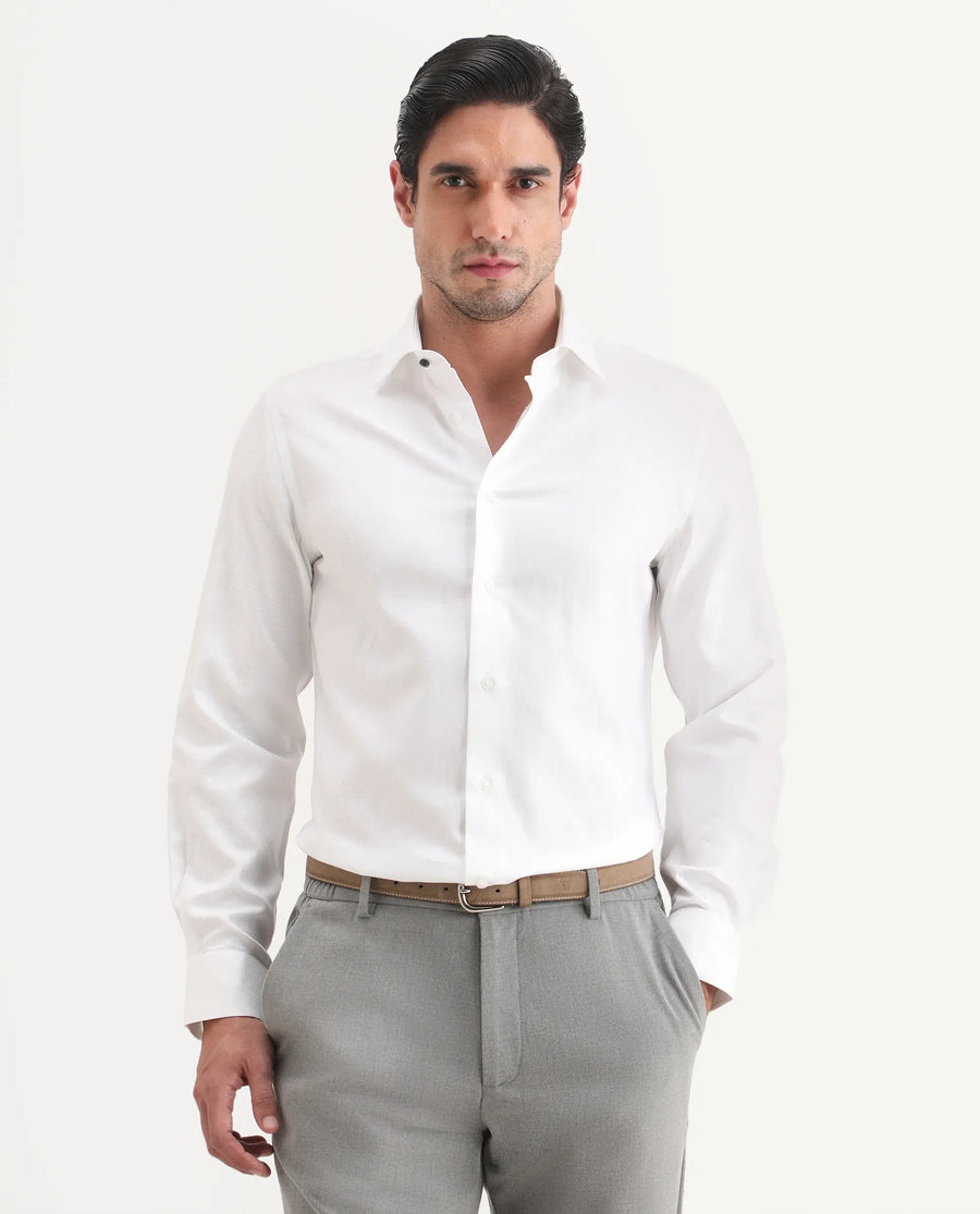 Rare Rabbit Men's Glyn White Cotton Fabric Full Sleeve Spread Collar Button Regular Plain Shirt