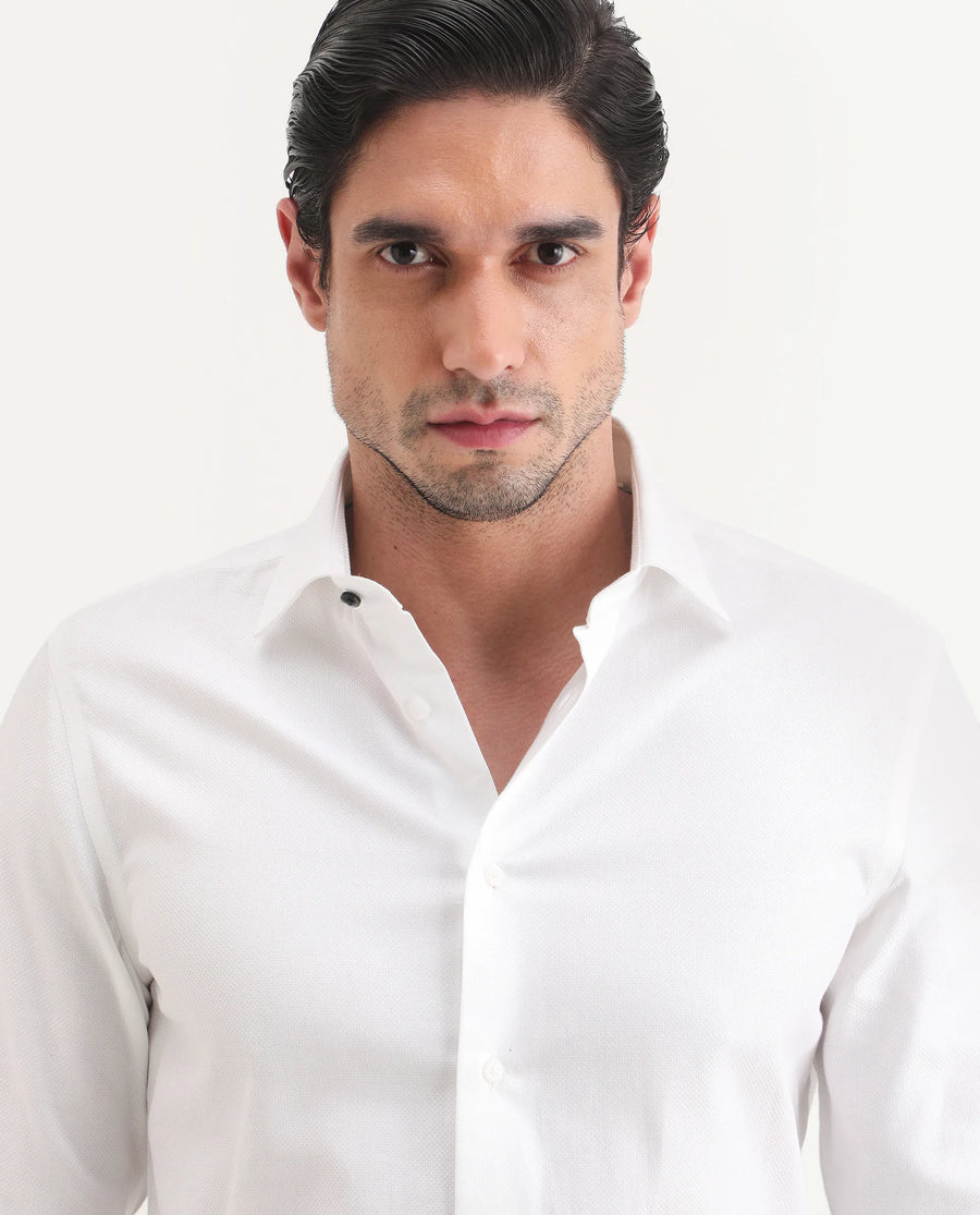 Rare Rabbit Men's Glyn White Cotton Fabric Full Sleeve Spread Collar Button Regular Plain Shirt