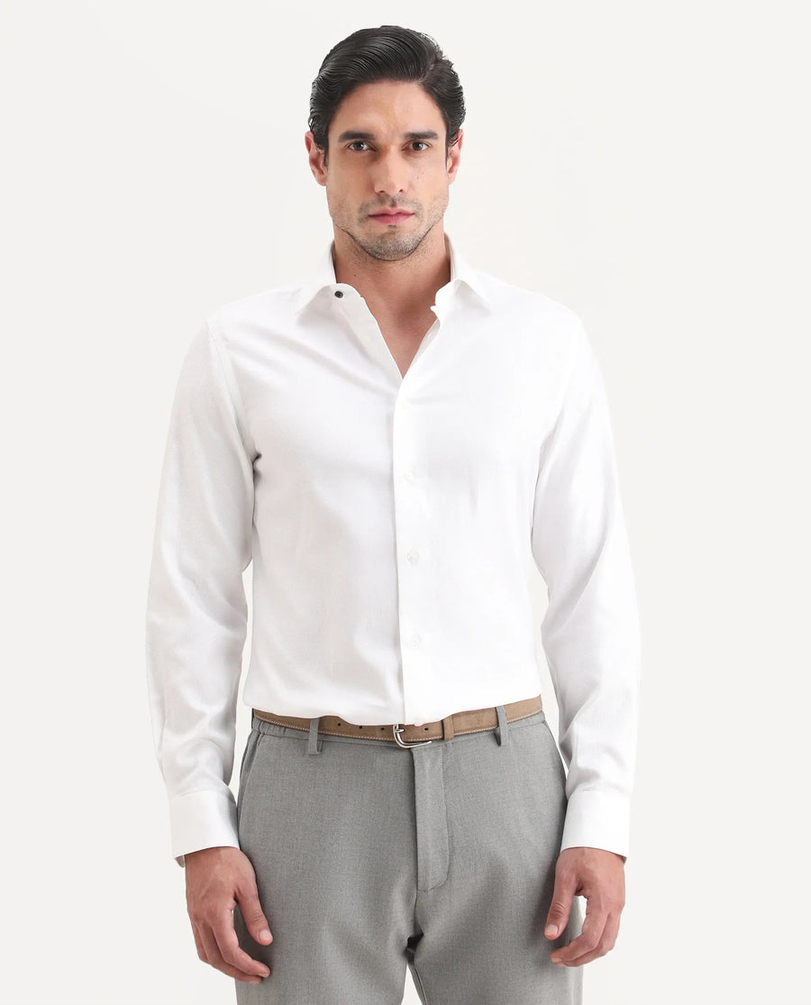 Rare Rabbit Men's Glyn White Cotton Fabric Full Sleeve Spread Collar Button Regular Plain Shirt