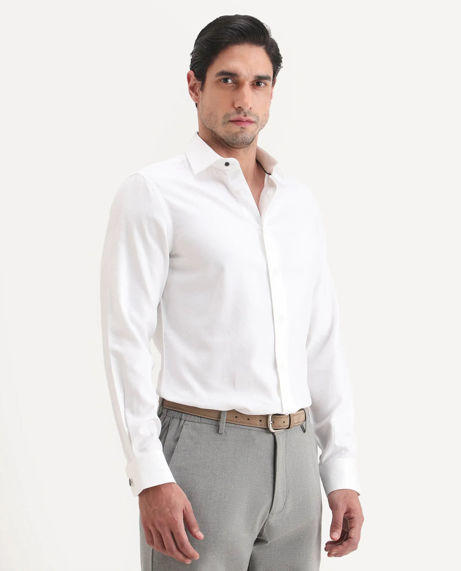 Rare Rabbit Men's Glyn White Cotton Fabric Full Sleeve Spread Collar Button Regular Plain Shirt