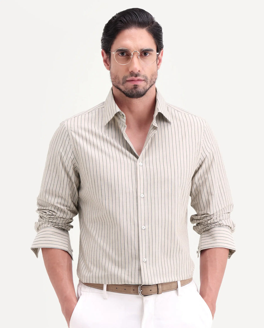 Rare Rabbit Men's Hamp Beige Cotton Fabric Full Sleeve Spread Collar Button Regular Striped Shirt