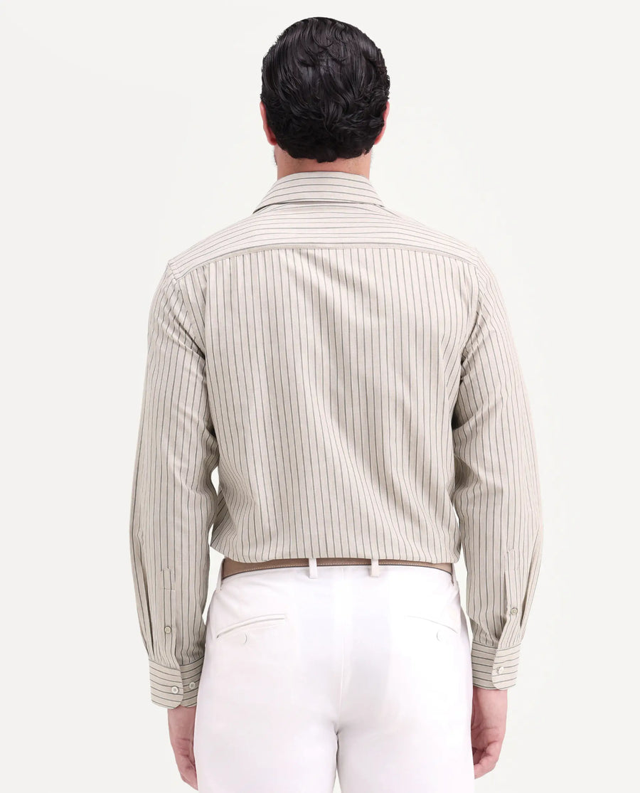 Rare Rabbit Men's Hamp Beige Cotton Fabric Full Sleeve Spread Collar Button Regular Striped Shirt