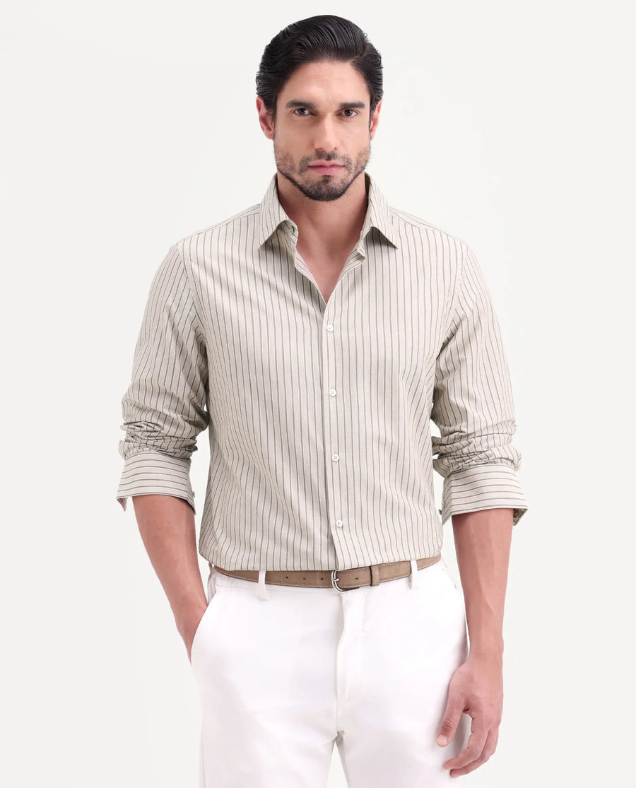 Rare Rabbit Men's Hamp Beige Cotton Fabric Full Sleeve Spread Collar Button Regular Striped Shirt