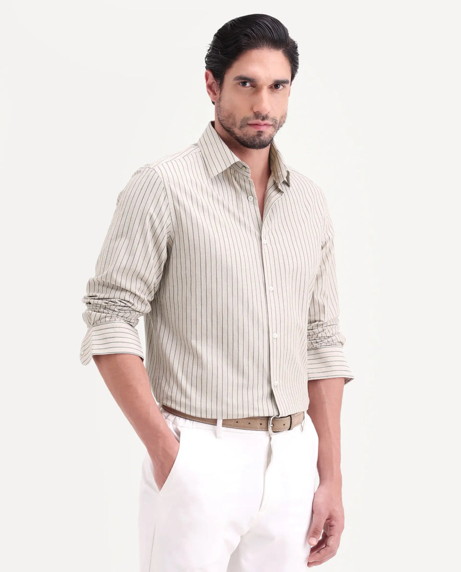 Rare Rabbit Men's Hamp Beige Cotton Fabric Full Sleeve Spread Collar Button Regular Striped Shirt