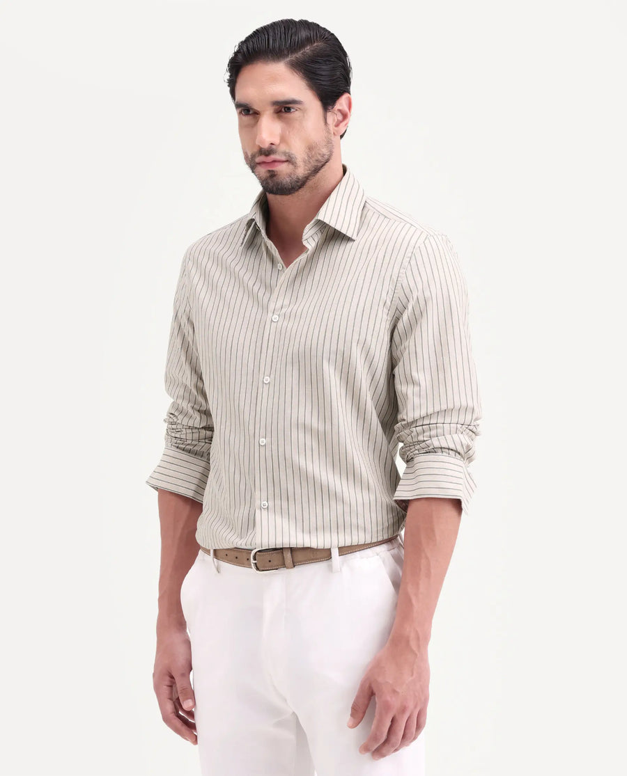 Rare Rabbit Men's Hamp Beige Cotton Fabric Full Sleeve Spread Collar Button Regular Striped Shirt