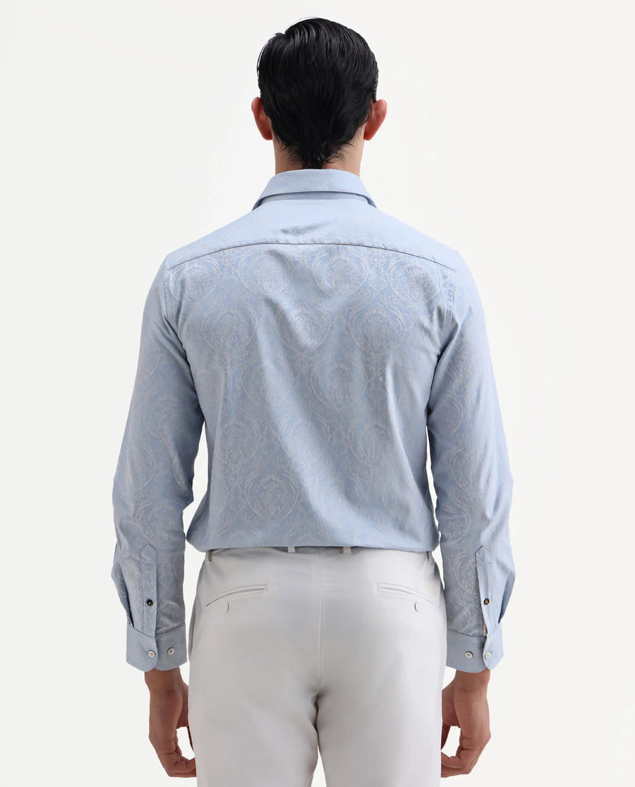 Rare Rabbit Men's Jaco Dusky Blue Cotton Fabric Full Sleeve Spread Collar Button Regular Jacquard Shirt