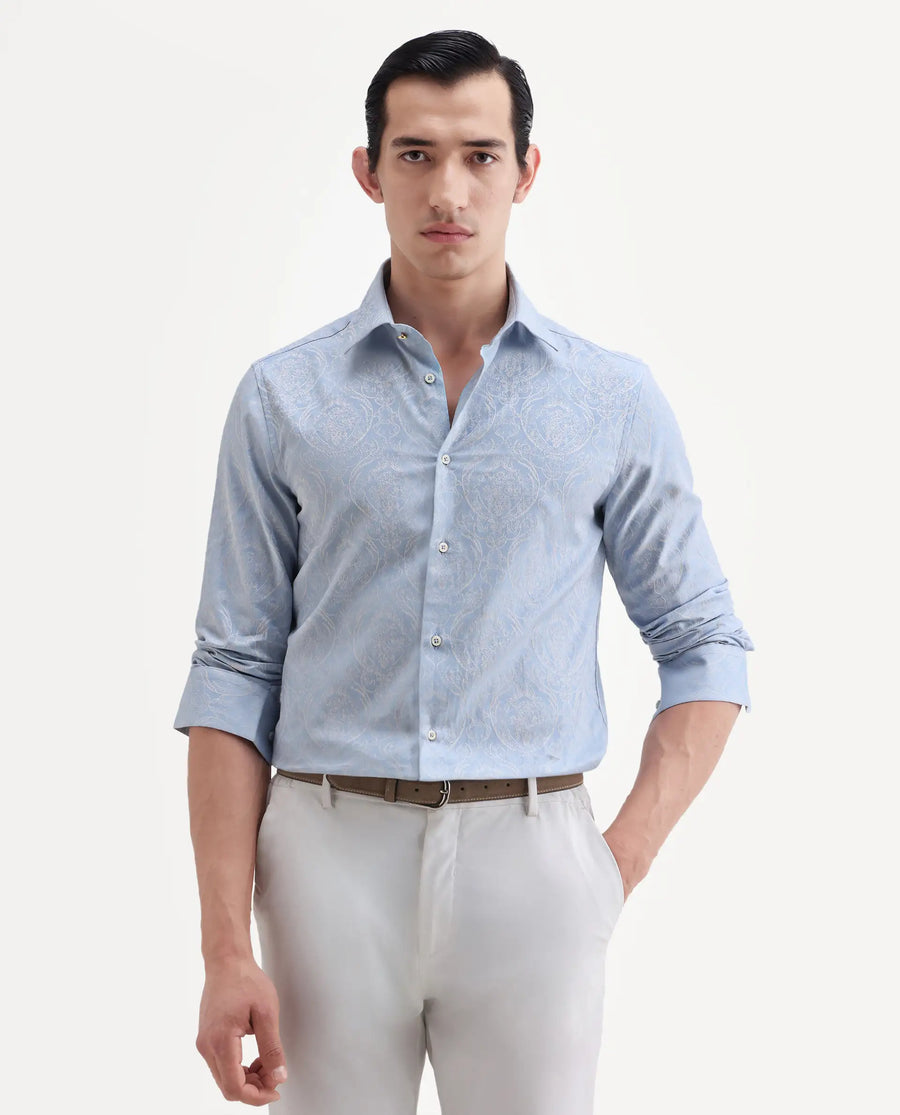 Rare Rabbit Men's Jaco Dusky Blue Cotton Fabric Full Sleeve Spread Collar Button Regular Jacquard Shirt