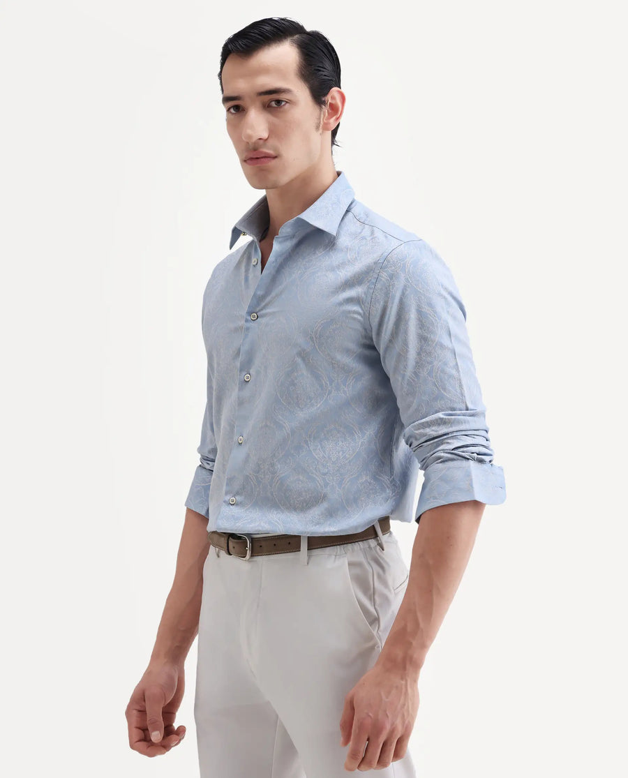 Rare Rabbit Men's Jaco Dusky Blue Cotton Fabric Full Sleeve Spread Collar Button Regular Jacquard Shirt