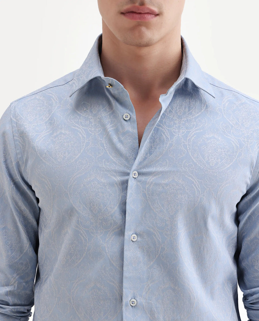 Rare Rabbit Men's Jaco Dusky Blue Cotton Fabric Full Sleeve Spread Collar Button Regular Jacquard Shirt