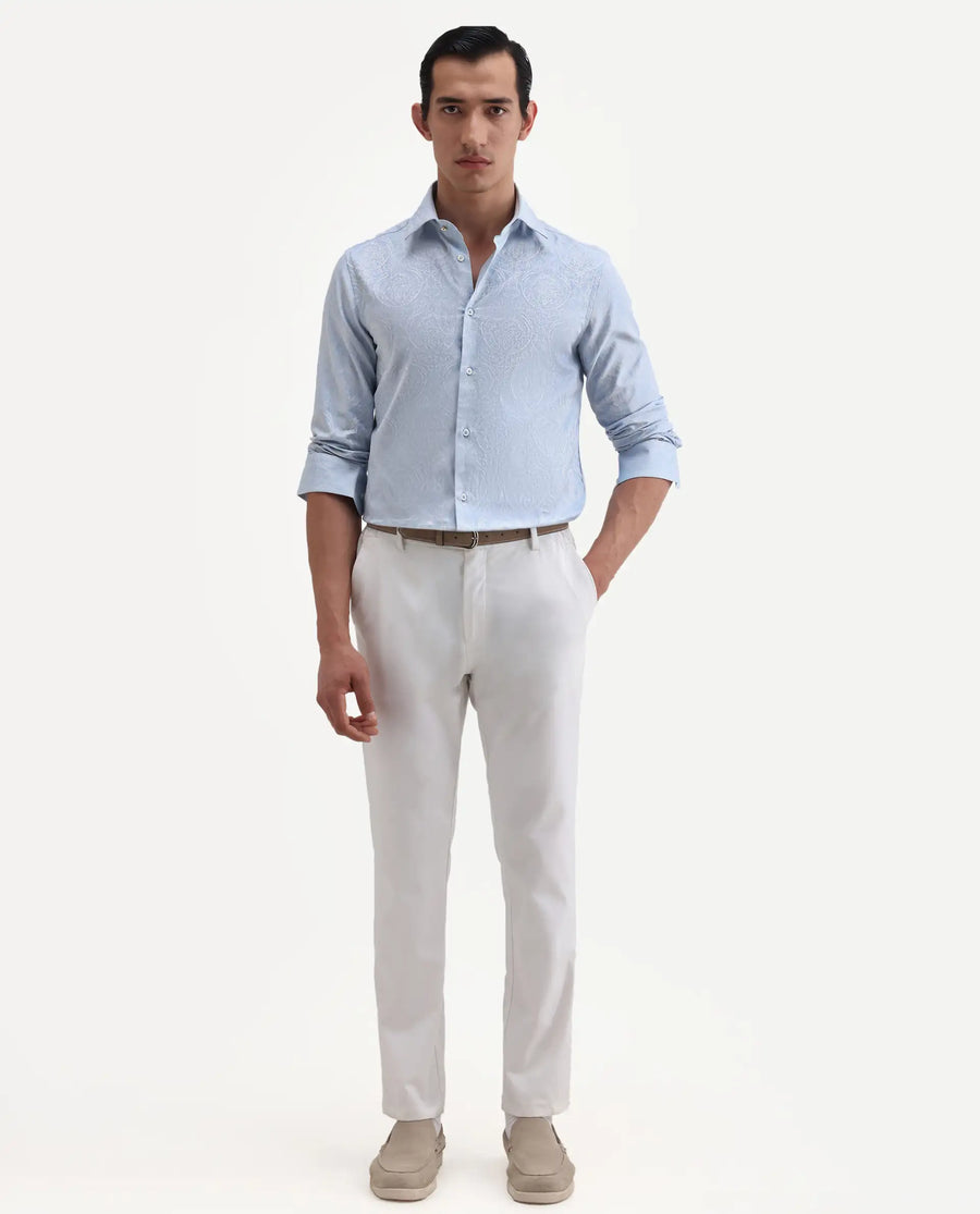 Rare Rabbit Men's Jaco Dusky Blue Cotton Fabric Full Sleeve Spread Collar Button Regular Jacquard Shirt
