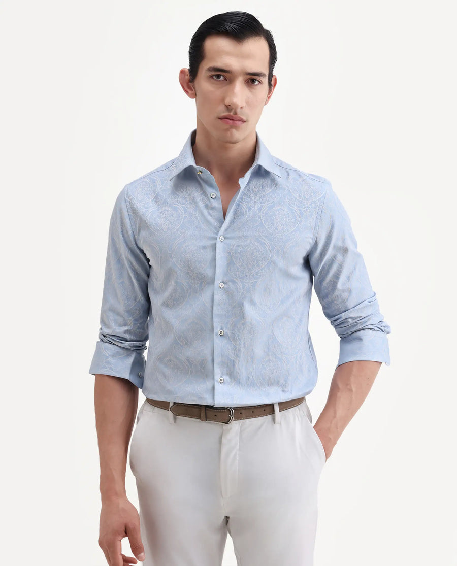 Rare Rabbit Men's Jaco Dusky Blue Cotton Fabric Full Sleeve Spread Collar Button Regular Jacquard Shirt