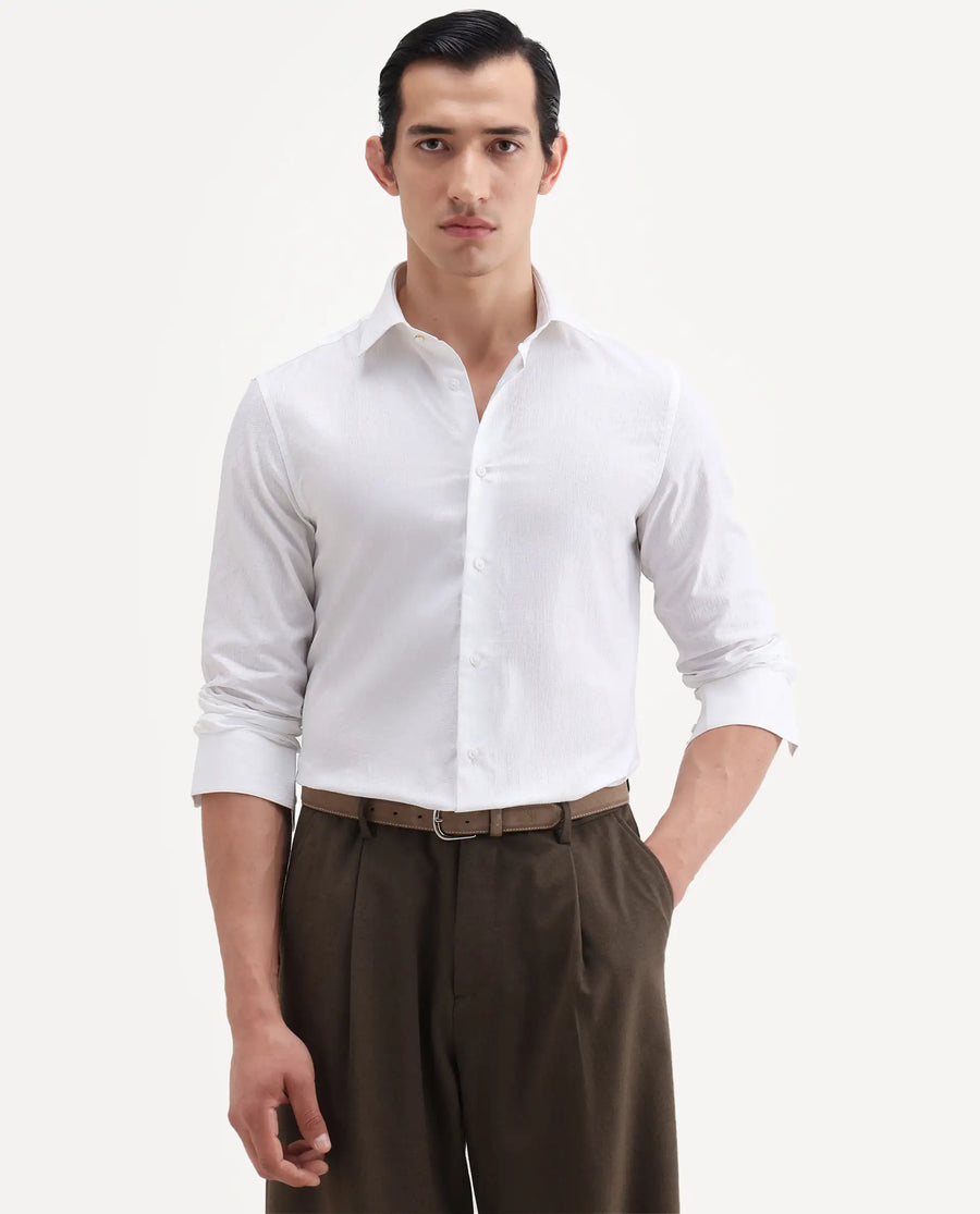 Rare Rabbit Men's Jige White Cotton Fabric Full Sleeve Spread Collar Button Regular Plain Shirt