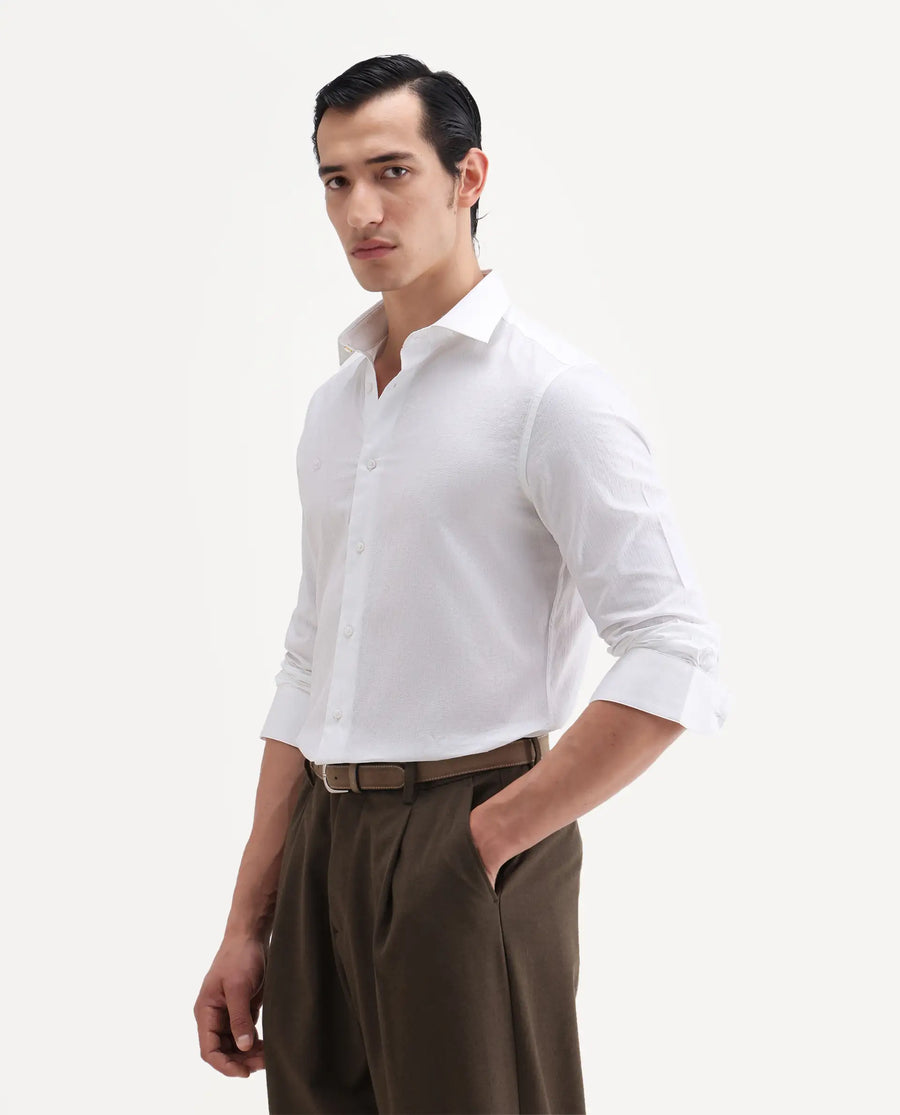 Rare Rabbit Men's Jige White Cotton Fabric Full Sleeve Spread Collar Button Regular Plain Shirt