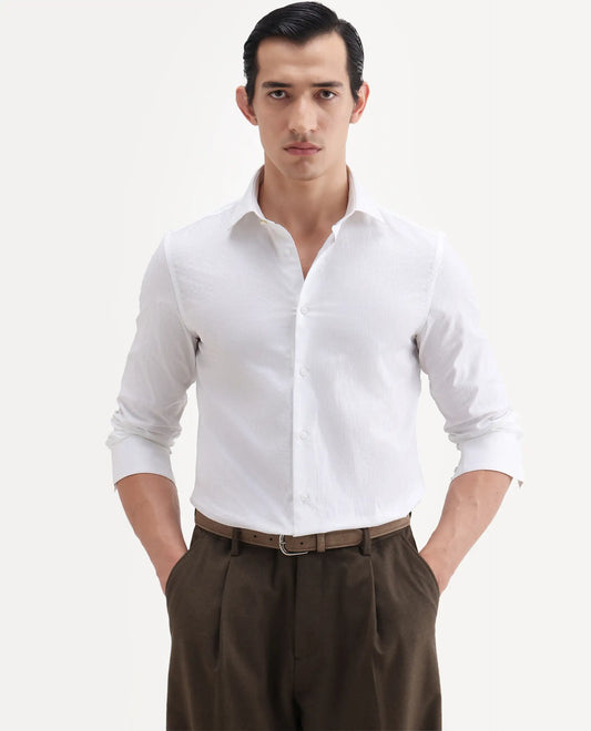 Rare Rabbit Men's Jige White Cotton Fabric Full Sleeve Spread Collar Button Regular Plain Shirt